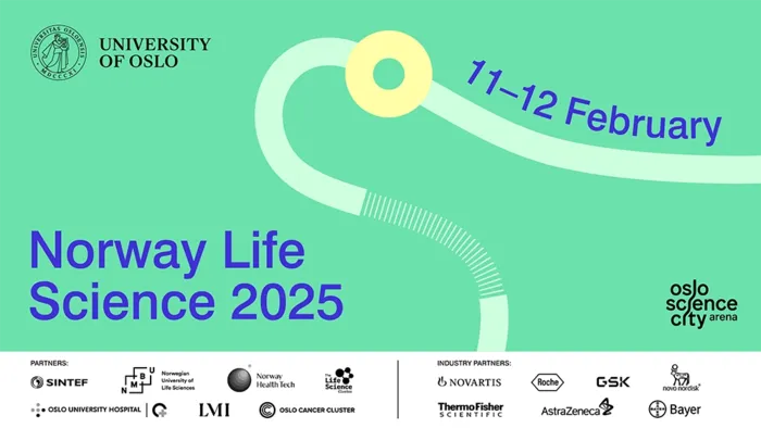 The logo for Norway Life Science 2025, and the logos of the partners Oslo Science City, Oslo University Hospital, NMBU C Norwegian University of Life Sciences, SINTEF, Association of the Pharmaceutical Industry in Norway, Oslo Cancer Cluster, The Life Science Cluster, and Norway Health Tech