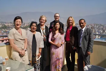 Esperanza Dias, Head of the Pandemic Centre at the University of Bergen, Bernadette Kumar, Hanne FH, Dean Professor Dibya Singh Shah, Jeanette H. Magnus, Ingeborg Haavardsson and Dr. Saroj P. Ojha pictured here at Tribhuvan University in Kathmandu.
We also had the pleasure of meeting Torun Dramdal, the Norwegian Ambassador to Nepal. She talked about the embassys initiatives and joint projects. She was impressed by the activities and particularly interested in the planned partnership relating to Women in Global Health. During our trip to Dhulikhel, we stopped in Bhaktapur, which is a UNESCO World Heritage Site. The city dates back to the 12th century and was damaged during the earthquake in 2015. Norway has assisted with the restoration work.
Read the travelogue from the Nepal trip by Jeanette H. Magnus.