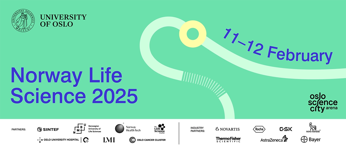 Banner with "Norway Life Science 2025" and 11-12 February in print on green background