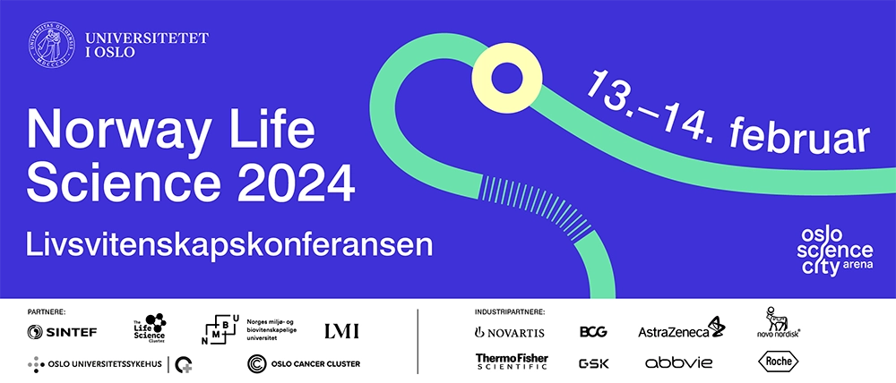 Konferansebanner med "Norway Life Science 2024" og "13. - 14. februar" i hvit tekst p? bl? bakgrunn