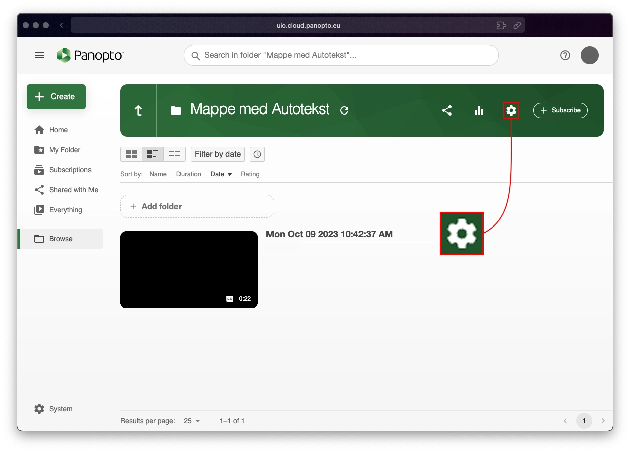 Skjermbilde av Panopto med tannhjul-knapp ?verst til h?yre uthevet.
