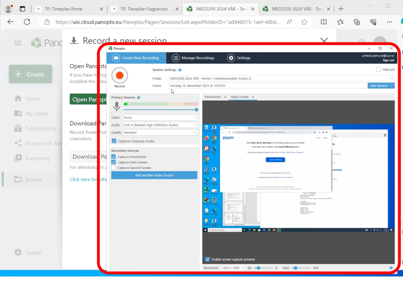 Opptak med Panopto for Windows